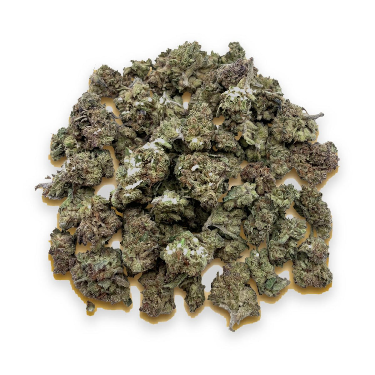 Space Burger THCA flower buds, Arcadia budget smalls grade, on white